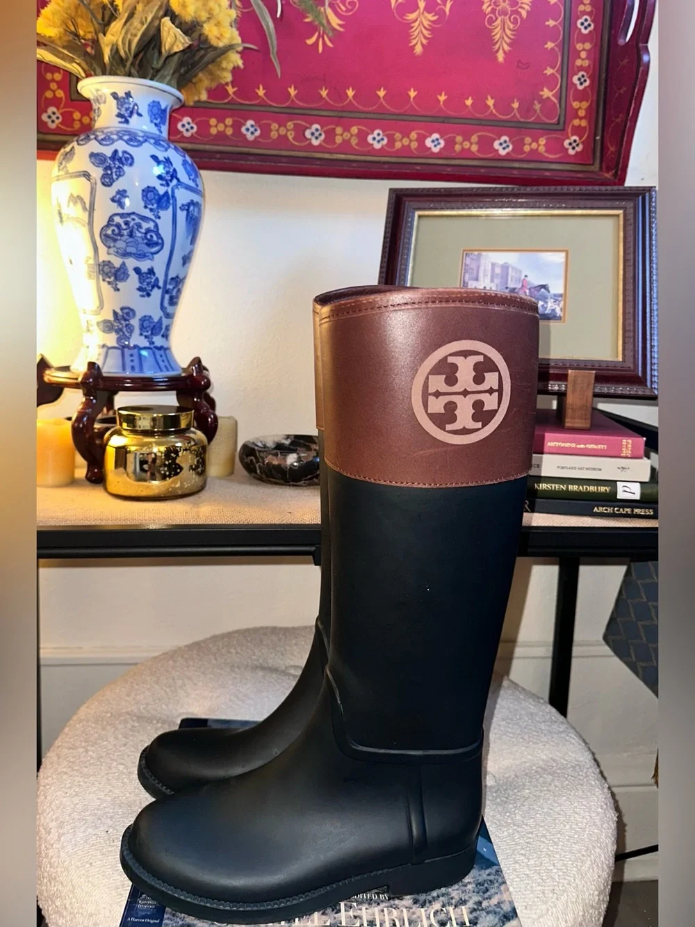 Tory Burch Black Rubber Rain Boots with Brown Logo Cuff